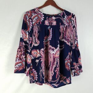 New Directions Shirt Womens Small Oversized Top Paisley Bell‎ Sleeve Round Neck